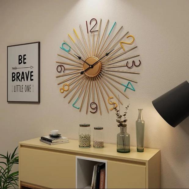 Golden Sunburst Metal Wall Clock with Colourful Numbers
