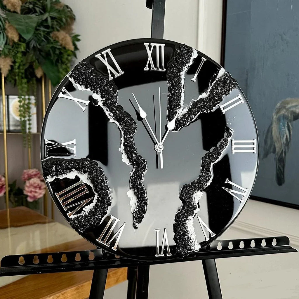 Black Ice Radiance – Resin Clock with Silver Touch
