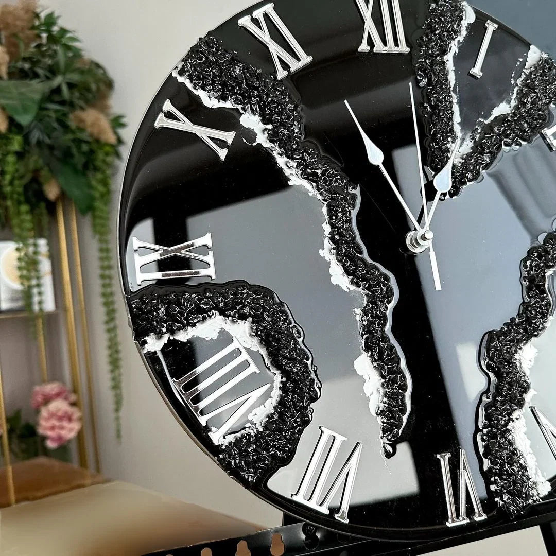 Black Ice Radiance – Resin Clock with Silver Touch