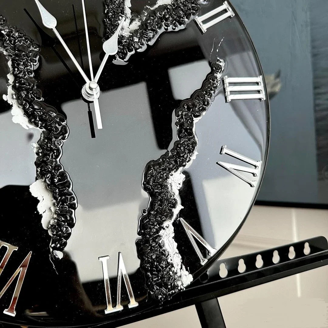 Black Ice Radiance – Resin Clock with Silver Touch