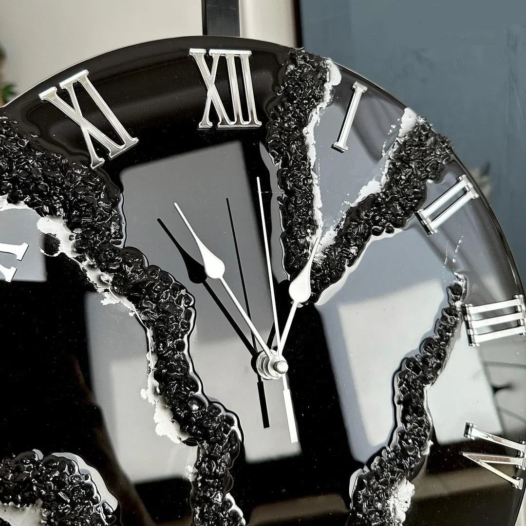 Black Ice Radiance – Resin Clock with Silver Touch