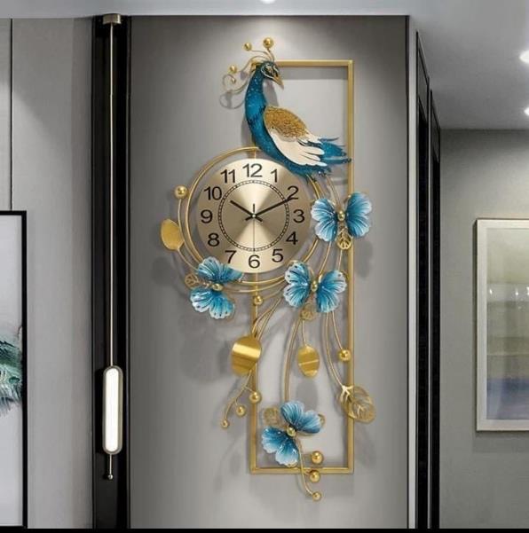 Blue Peacock Gold Frame Metal Wall Clock