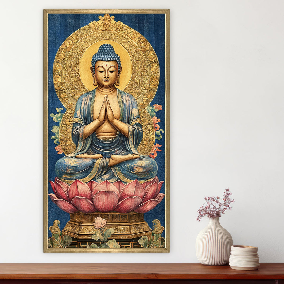 Golden Aura Buddha Portrait on Red Lotus