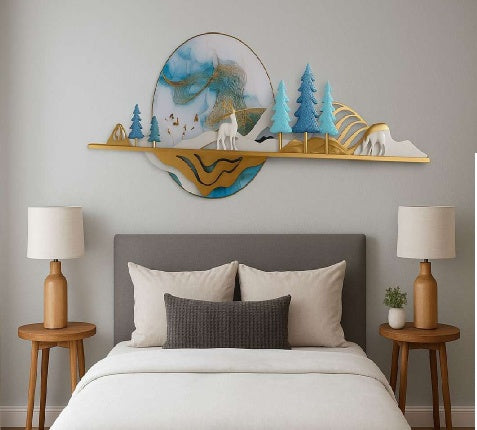 Blue Pine Forest Deer Oval Metal Wall Art
