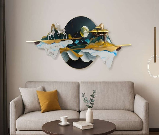 Moonlit Mountain Deer Landscape Metal Wall Art