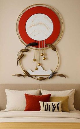 Red Marble Circle Gold Fish Metal Wall Art