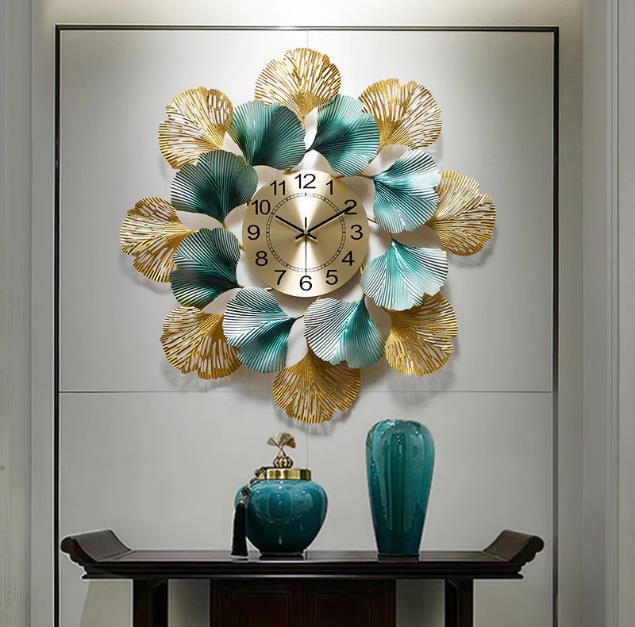 Teal Gold Ginkgo Flower Wall Clock