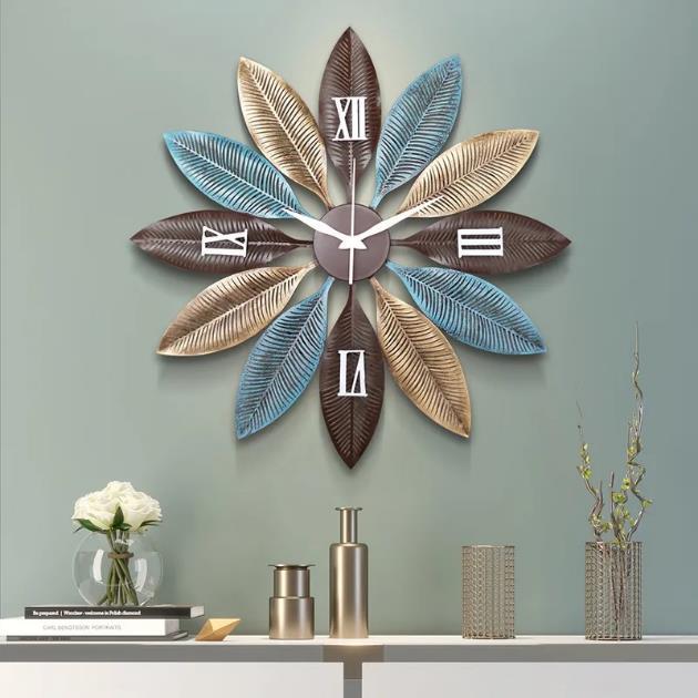 Blue Brown Leaf Roman Numeral Wall Clock