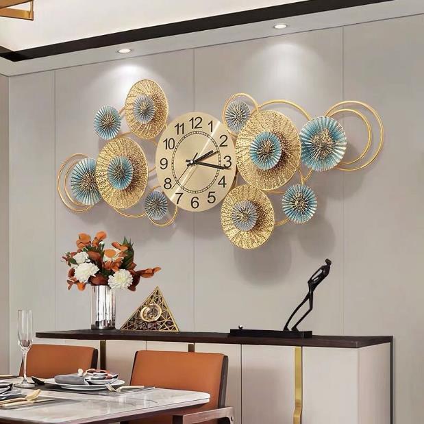 Blue Gold Floral Fan Statement Wall Clock