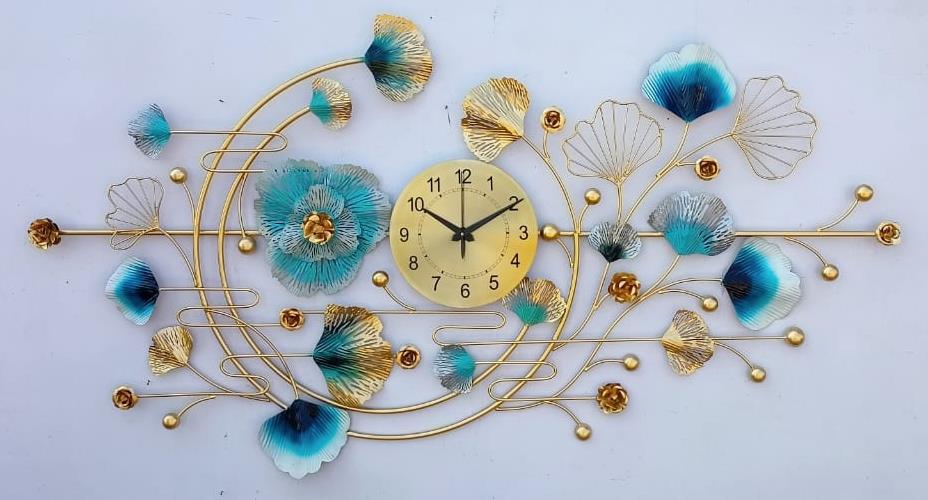 Teal Gold Ginkgo Swirl Wall Clock