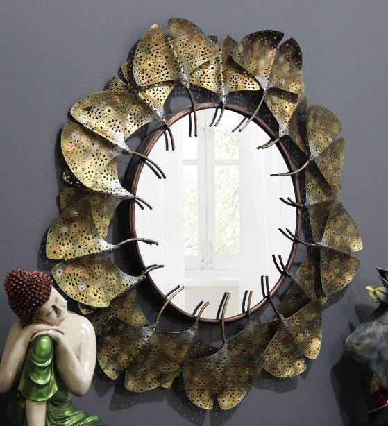 Antique Gold Ginkgo Leaf Oval Metal Wall Mirror