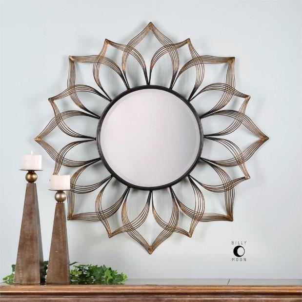 Antique Lotus Petal Round Metal Wall Mirror