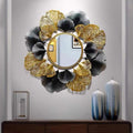Black & Gold Ginkgo Leaf Round Metal Wall Mirror