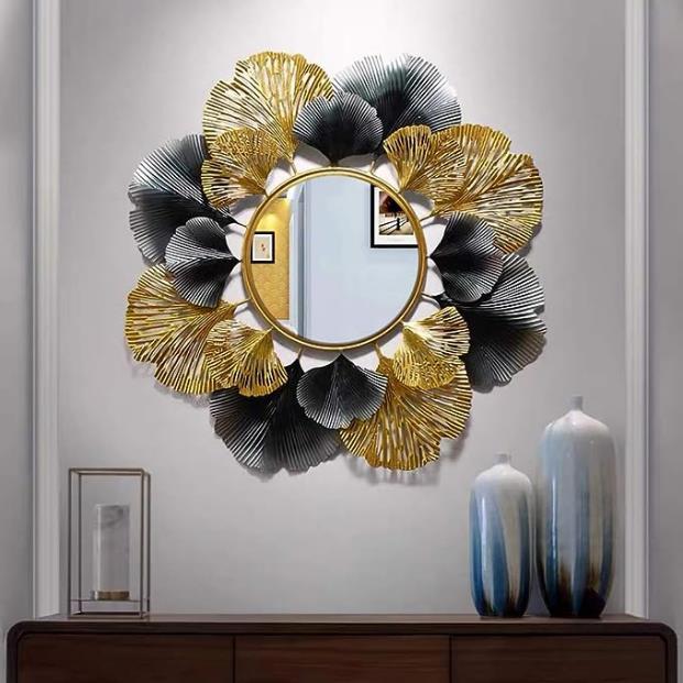 Black & Gold Ginkgo Leaf Round Metal Wall Mirror