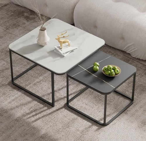 Black Frame Square Marble-Look Nesting Table Set of 2