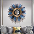 Blue & Gold Feather Sunburst Round Wall Mirror
