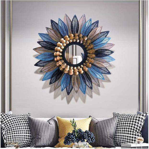 Blue & Gold Feather Sunburst Round Wall Mirror