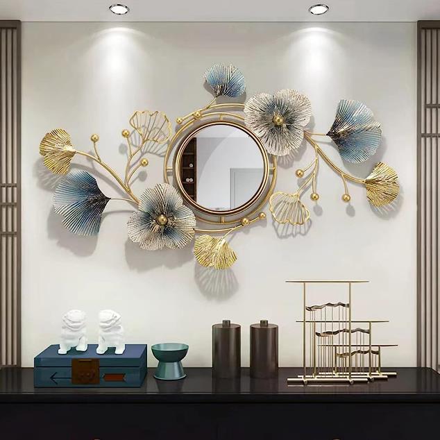 Blue Ginkgo Flower Gold Metal Wall Mirror