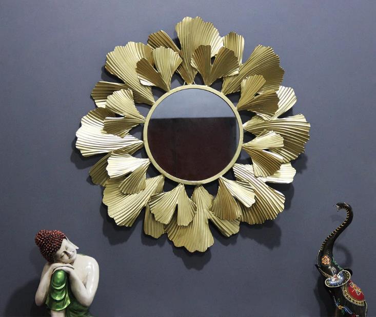 Champagne Gold Ginkgo Leaf Round Wall Mirror