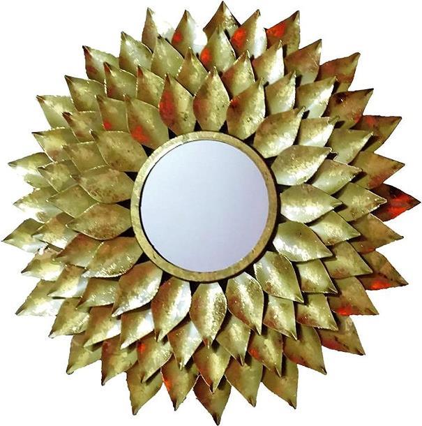 Copper Brown Leaf Sunburst Round Metal Wall Mirror