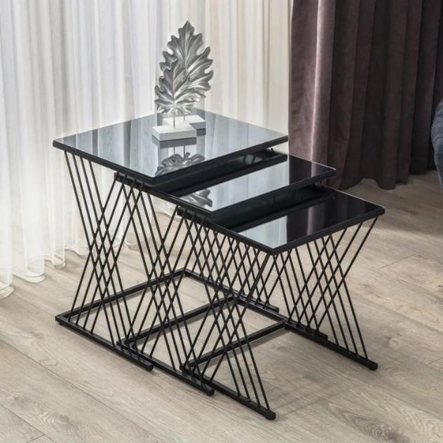 Criss-Cross Frame Black Top Nesting Table Set of 3 - Black Matte