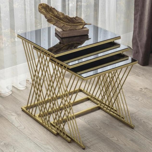 Criss-Cross Frame Black Top Nesting Table Set of 3 - Gold Matte
