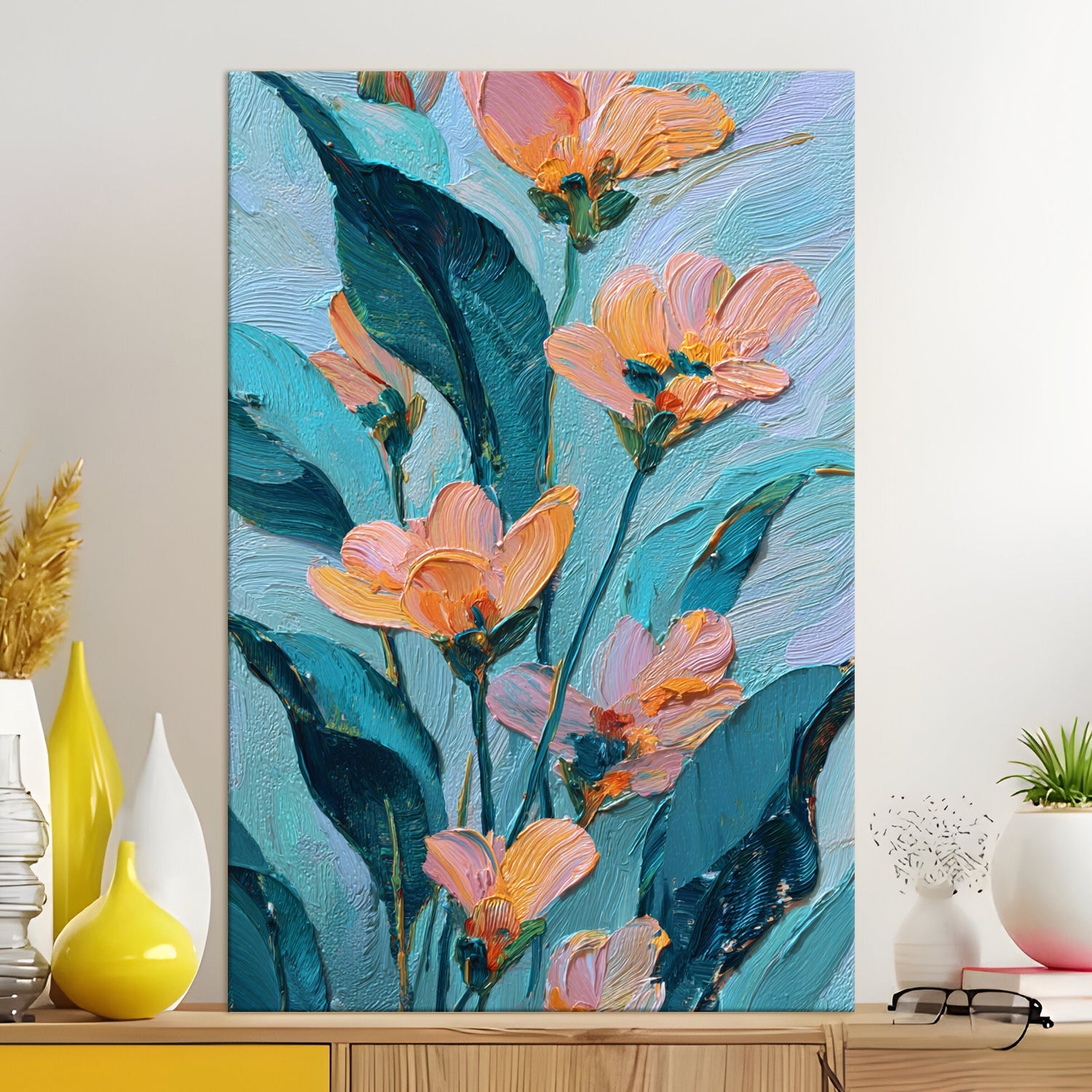 Aqua Peach Floral Wrapped Canvas