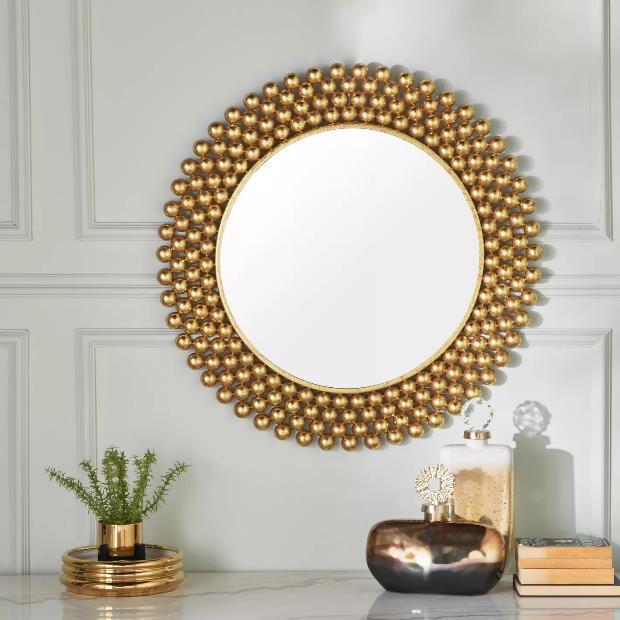 Gold Beaded Round Metal Wall Mirror