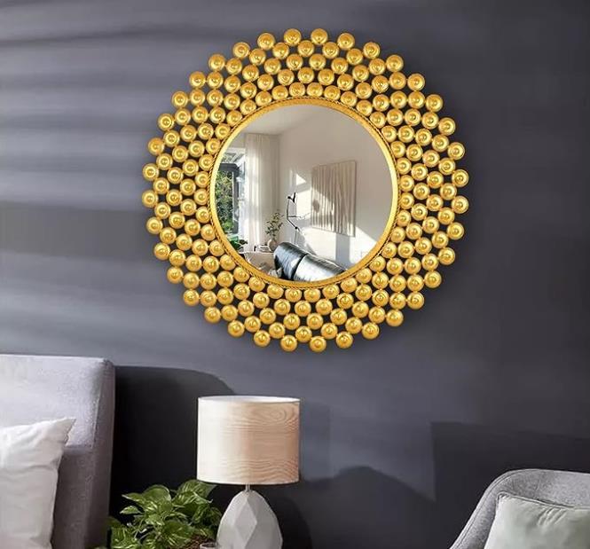 Gold Dome Bead Sunburst Round Wall Mirror