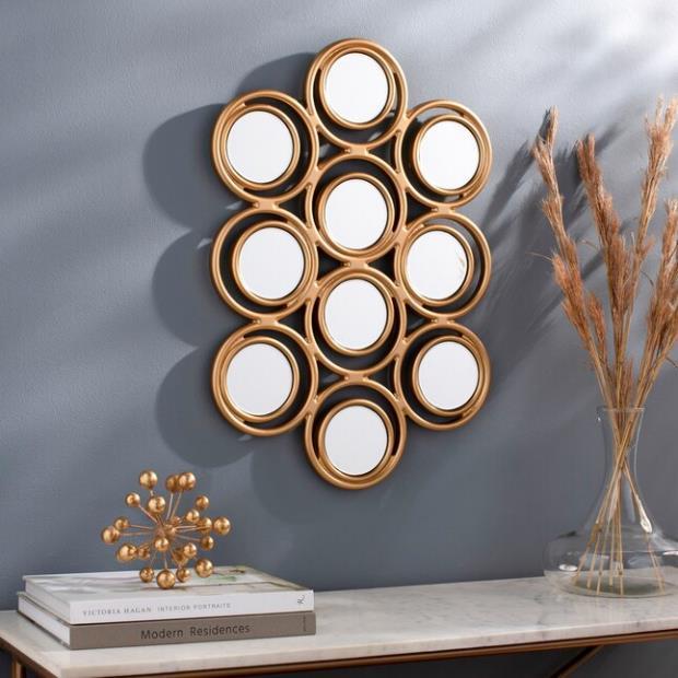 Gold Frame Nine Round Mirror Cluster Wall Decor
