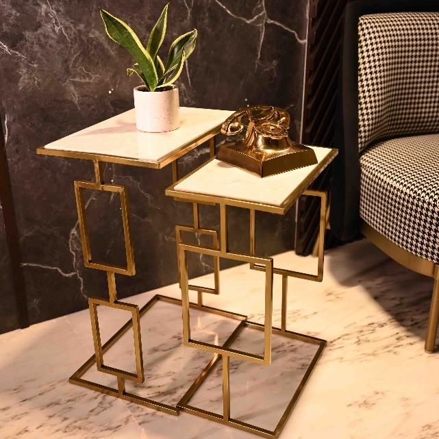 Gold Geometric Frame Rectangular Nesting Side Table Set of 2