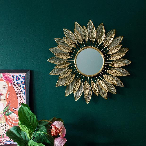 Gold Leaf Frame Round Metal Wall Mirror