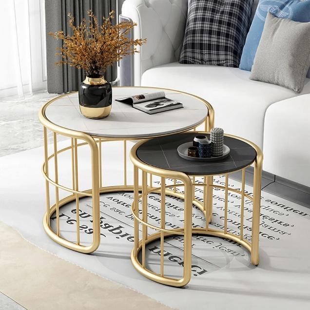 Gold Loop Frame Black & White Round Nesting Table Set of 2