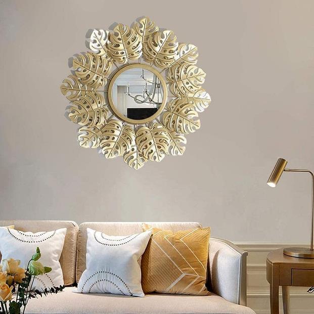 Gold Monstera Leaf Round Metal Wall Mirror
