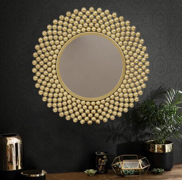 Gold Pearl Bead Round Metal Wall Mirror