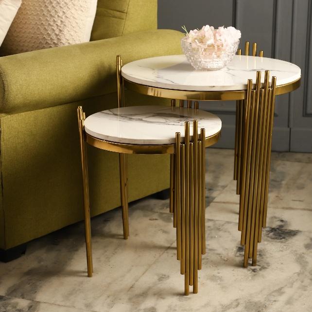 Gold Pipe Leg Round Nesting Side Table Set of 2