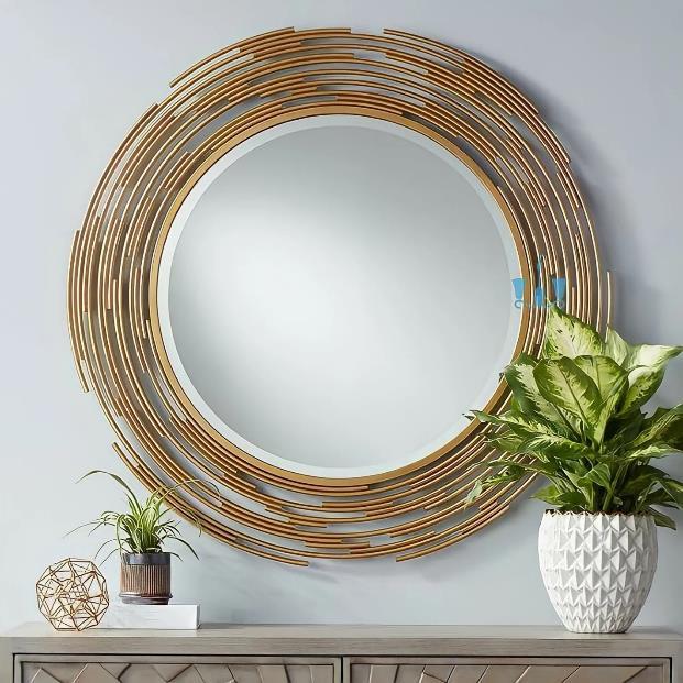 Gold Rod Frame Round Metal Wall Mirror