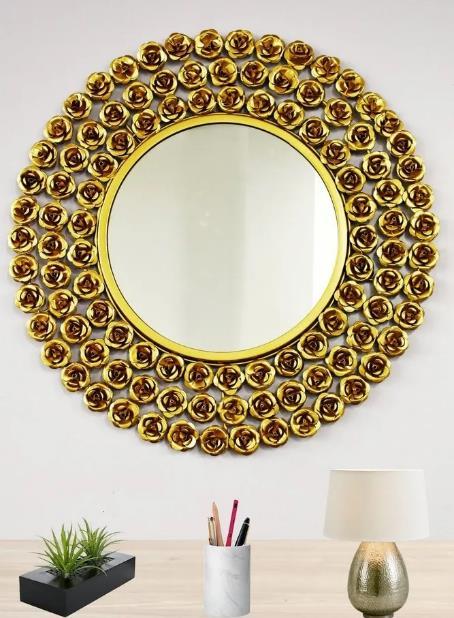 Gold Rose Bead Round Metal Wall Mirror