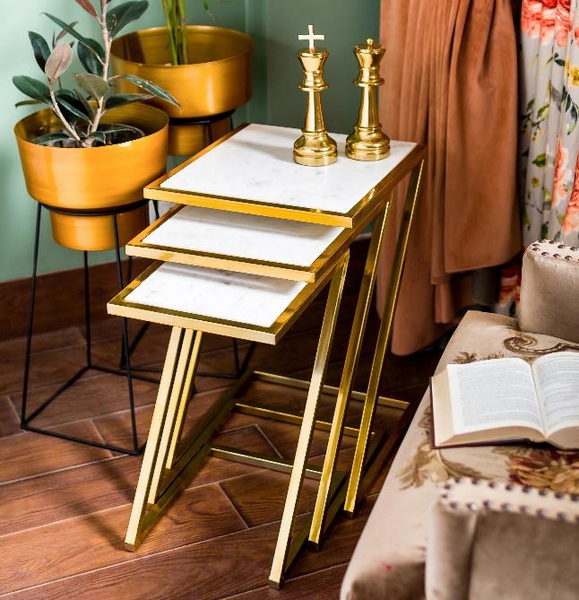 Gold Slanted Frame White Top Nesting Side Table Set of 3