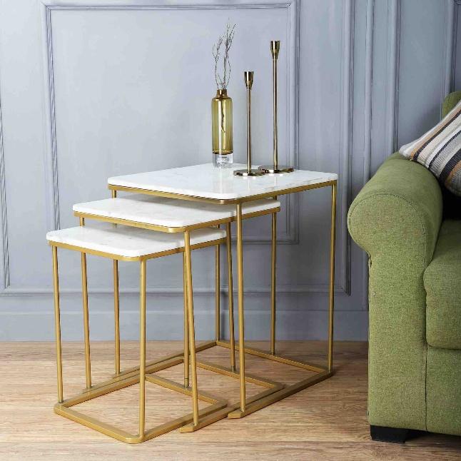 Gold Square Frame White Top Nesting Side Table Set of 3