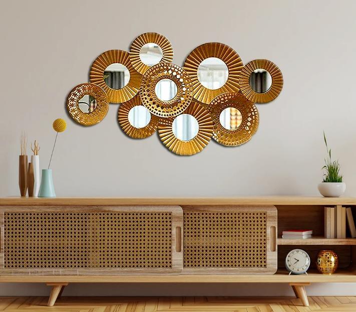 Gold Sunburst Disc Cluster Metal Wall Mirror