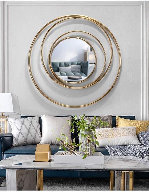 Gold Triple Ring Round Metal Wall Mirror
