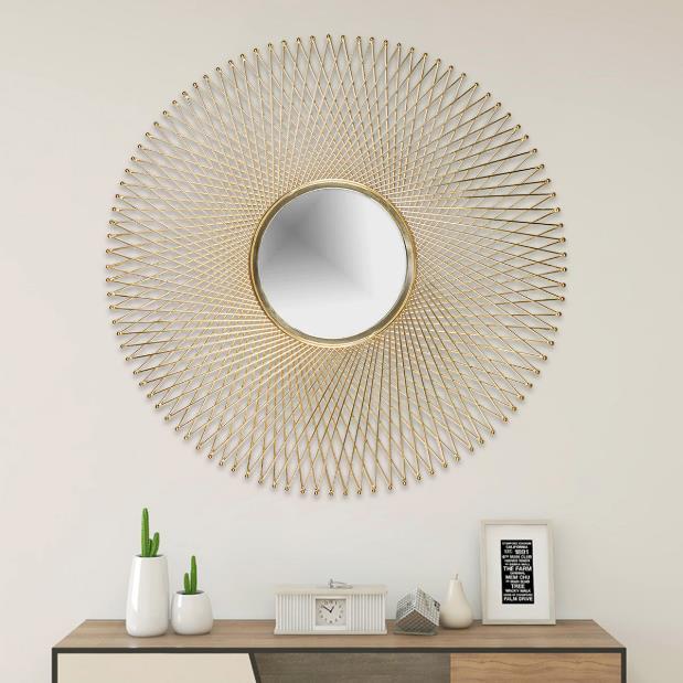 Gold Wire Radiant Sunburst Round Wall Mirror