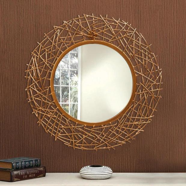 Gold Woven Twig Round Metal Wall Mirror
