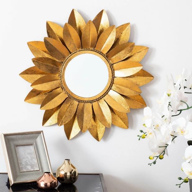 Golden Sunflower Petal Round Metal Wall Mirror