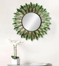 Green Leaf Sunburst Round Metal Wall Mirror