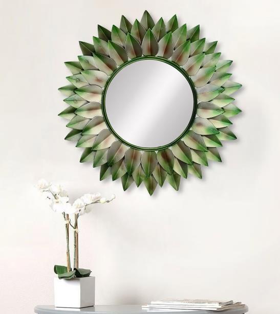 Green Leaf Sunburst Round Metal Wall Mirror