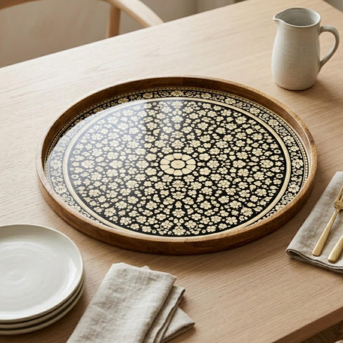 Black Mandala Wooden Tray Printed | Mango Wood Round Tea Serving Decor