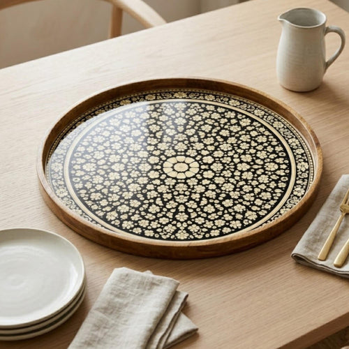 Black Mandala Wooden Tray Printed | Mango Wood Round Tea Serving Decor