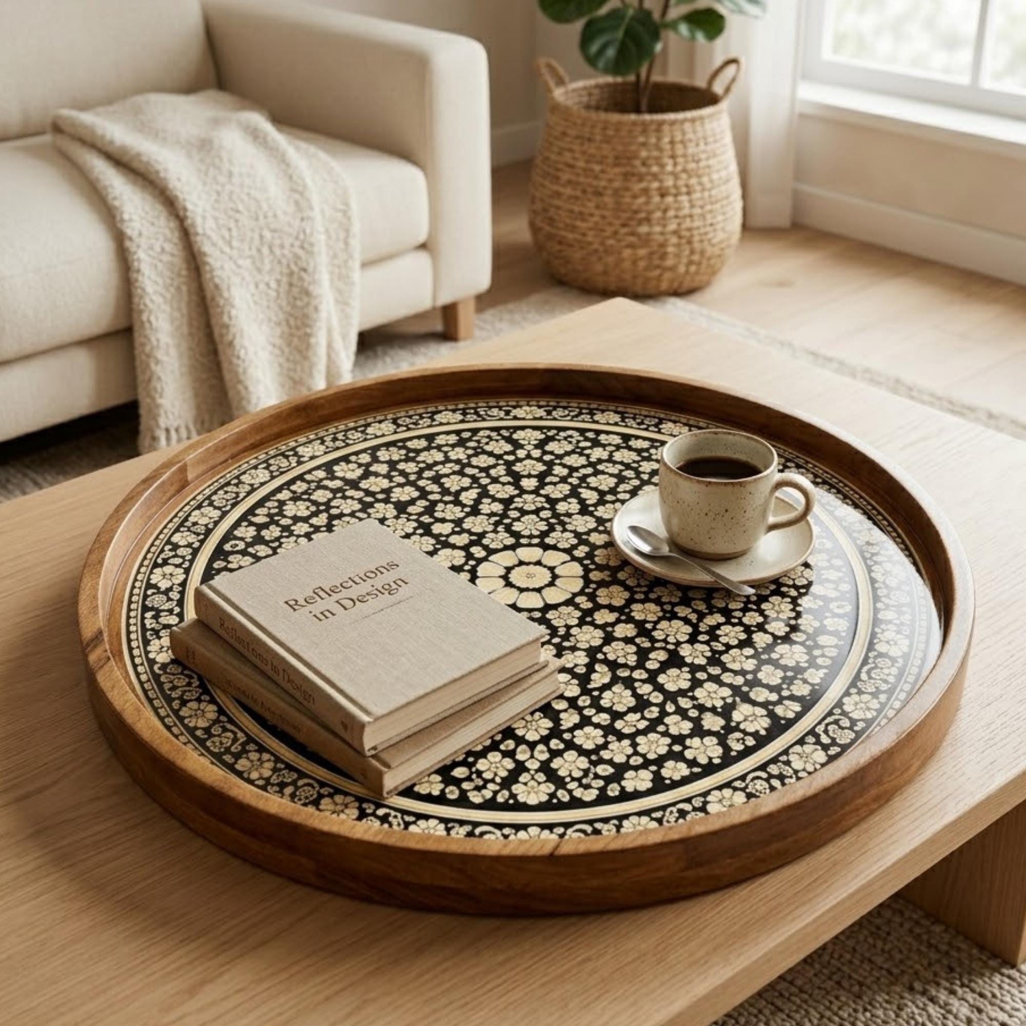 Black Mandala Wooden Tray Printed | Mango Wood Round Tea Serving Decor